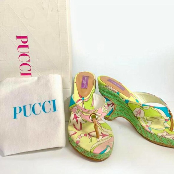 Emilio Pucci Abstract Psychedelic Green Blue Pink Heeled Flip Flop Wedges - Picture 1 of 4